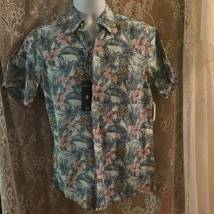 New Izod‎ Mens S Blue Pink Floral Print Button Cotton Short Sleeve Shirt